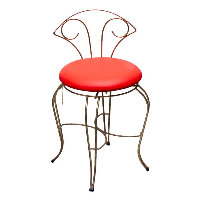 Mid-Century Modern Brass Vanity Chair with Red Leather Seat, France, 1950 For Sale