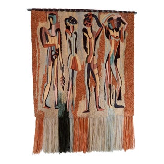 Vintage Mid-Century Modern Cubist Fiber Art Wall Hanging, Pierrot or Harlequin Performers For Sale