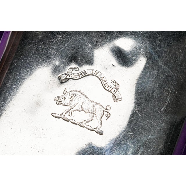 Victorian Large Antique Sterling Silver Armorial Coat of Arms Boar Latin Motto Crest Cigar Card Case Holder Wallet Tobacciana For Sale - Image 3 of 17