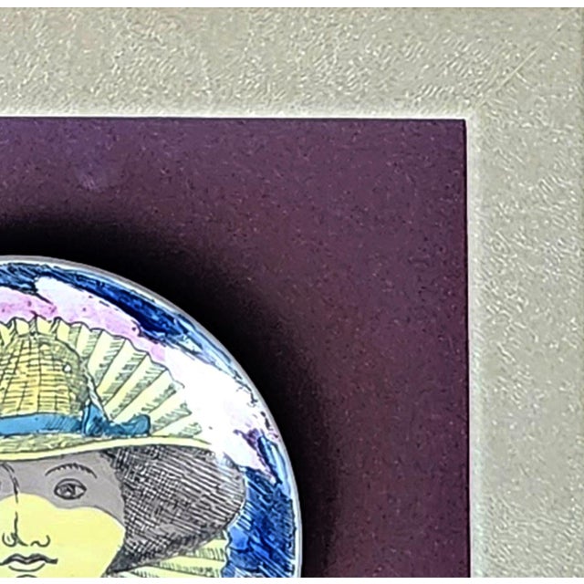 Piero Fornasetti “12 Mesi, 12 Soli” Porcelain Coaster, June, Sun in a Straw Hat, Framed Milan, circa 1960–1965 This...