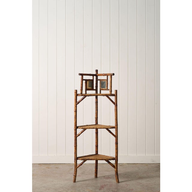 19th Century Three-Tier English Tiger Bamboo Corner Shelf.