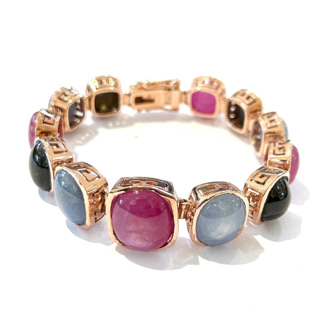 Bochic "Capri" Vintage Ruby & Multi Color Fancy Sapphires Cuff Set 18K & Silver For Sale - Image 4 of 11
