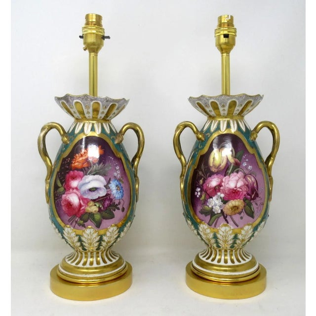 English Antique Pair English Staffordshire Porcelain Table Lamps Ridgway or Rockingham For Sale - Image 3 of 13