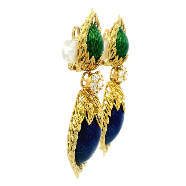 French 1970s Spritzer & Fuhrmann French Guilloché Enamel Diamond Earrings, Pair For Sale - Image 3 of 14