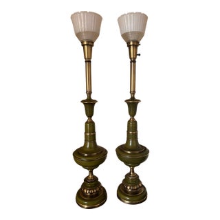 Vintage Rembrandt Lamp Company Hollywood Regency / Mid-Century Tall Buffet Lamps in Olive Green and Antiqued Brass With Frosted Glass Shades - a Pair For Sale
