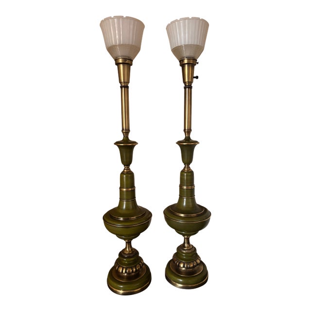 Vintage Rembrandt Lamp Company Hollywood Regency / Mid-Century Tall Buffet Lamps in Olive Green and Antiqued Brass With Frosted Glass Shades - a Pair For Sale