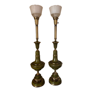 Vintage Rembrandt Lamp Company Hollywood Regency / Mid-Century Tall Buffet Lamps in Olive Green and Antiqued Brass With Frosted Glass Shades - a Pair