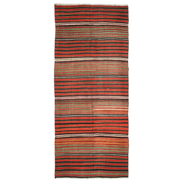 Textile Mid 20th Century Red & Green Striped Vintage Kilim Rug For Sale - Image 7 of 7