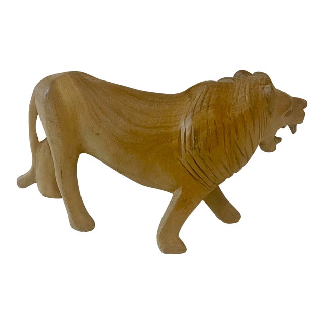 Vintage Kamba Carved Wooden Lion Sculpture For Sale