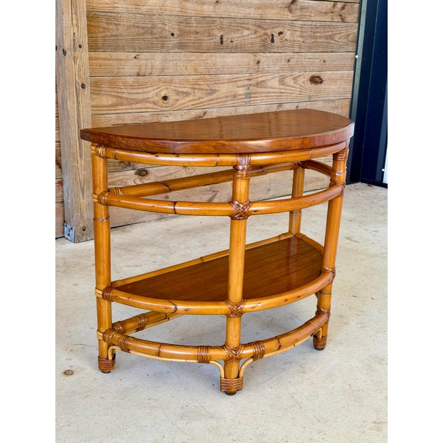 1940s Modernist Rattan & Mahogany Demilune Side Table by Rattanage For Sale - Image 12 of 12