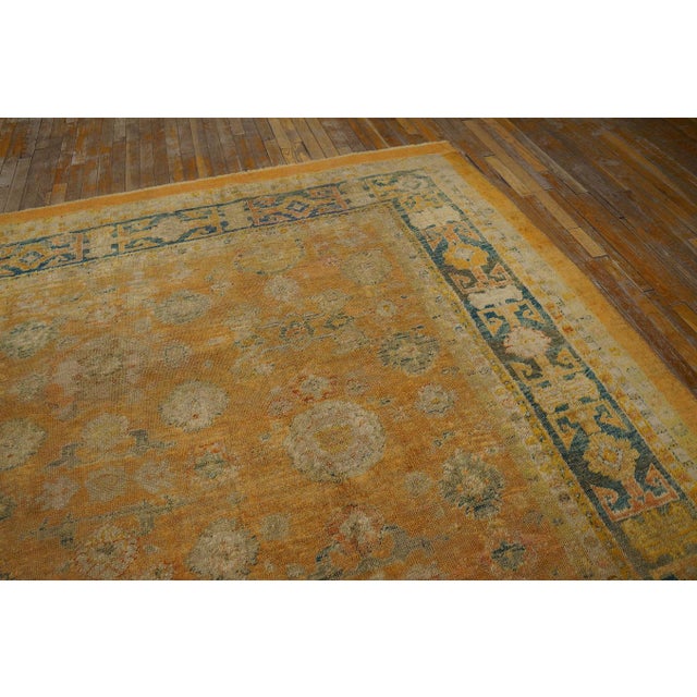 Turkish 1880s Orange Salmon Geometric Tribal antiqueTurkish Decorative Angora Oushak Rug 9'9" X 13'3" Handknotted Wool Carpet For Sale - Image 3 of 8