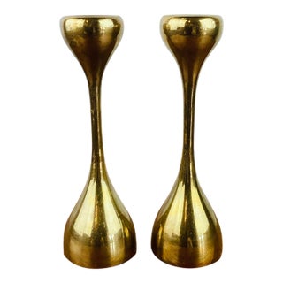 Vintage 1970s Modern Brass Pair of Candle Holders For Sale