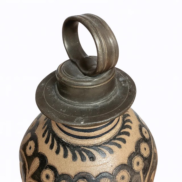 Antique German Westerwald Salt-Glazed Jug W/ Pewter Lid — Hp R-7597 For Sale - Image 4 of 11
