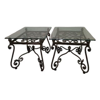 Vintage Wrought Iron French Black End Table Beveled Glass Top Ornate Rectangular For Sale