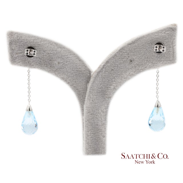 18k 750 Solid White Gold Blue Topaz Drop Earrings, Pair For Sale - Image 4 of 12
