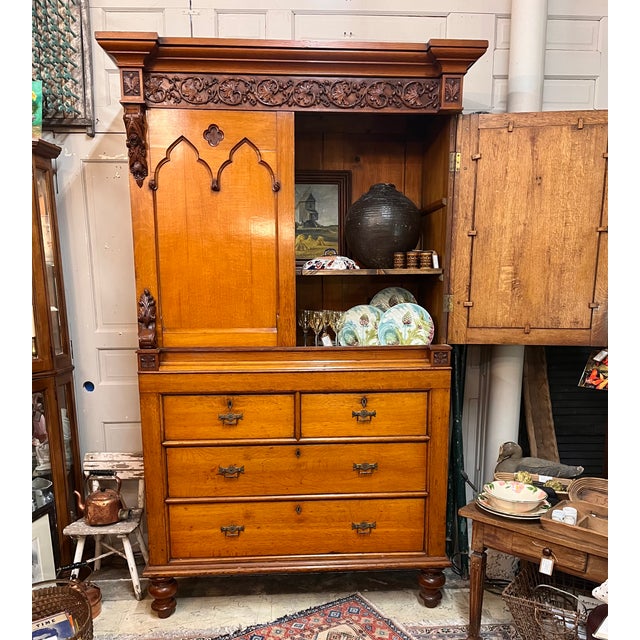 Gothic Antique Mid-1800s Oak Linen Press Cabinet For Sale - Image 3 of 11