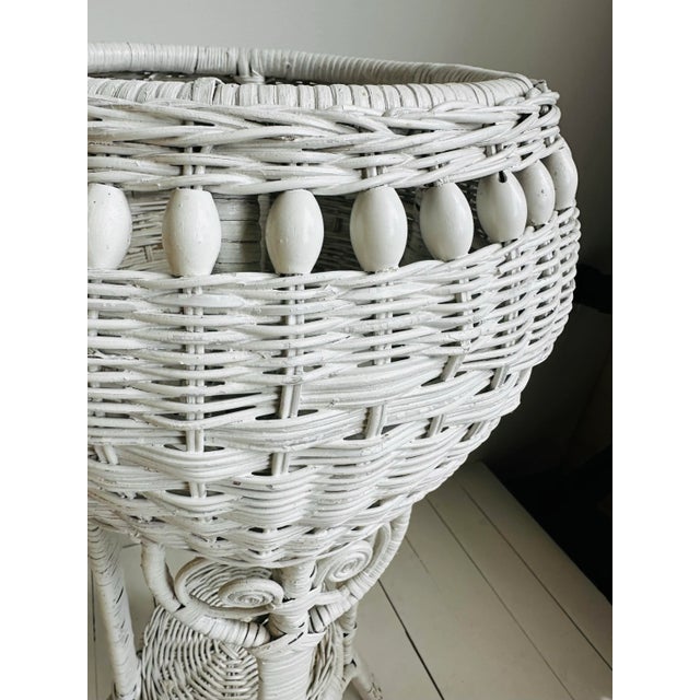 Vintage Victorian Painted White Wicker Indoor or Outdoor Plant Stand For Sale - Image 6 of 8