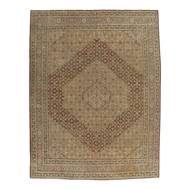 Antique Tabriz Carpet, Handmade Persian Rug in Masculine Gold, Brown and Taupe For Sale