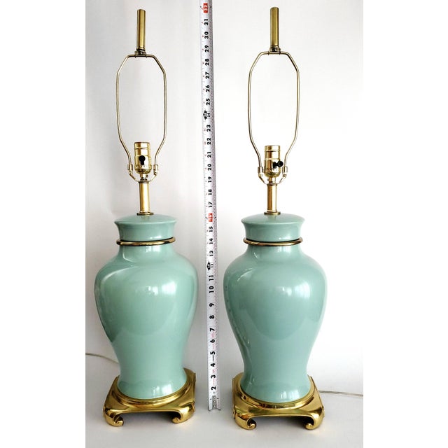 Chinoiserie Lamps Pair Turquoise Porcelain & Brass Ginger Jar Shape For Sale - Image 3 of 12