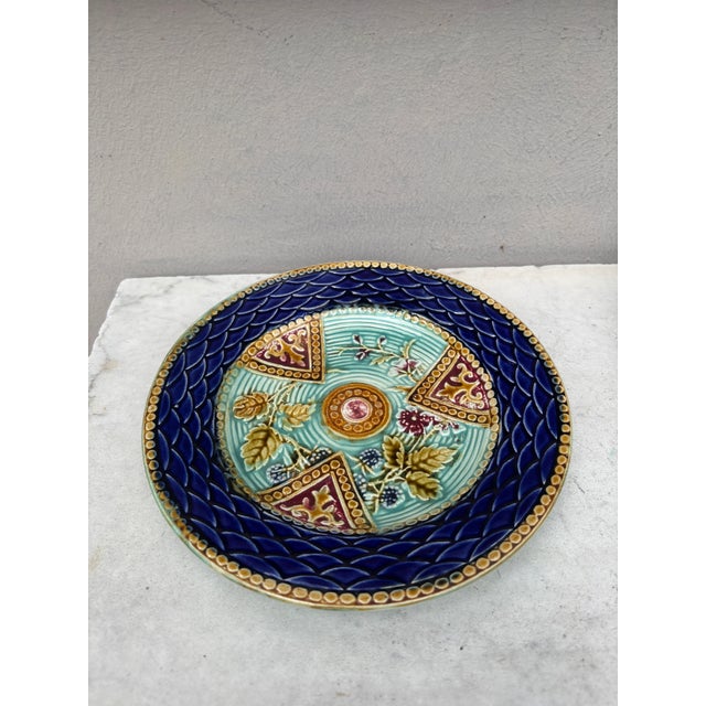 French Majolica plate Onnaing Circa 1890. flowers and blackberries.