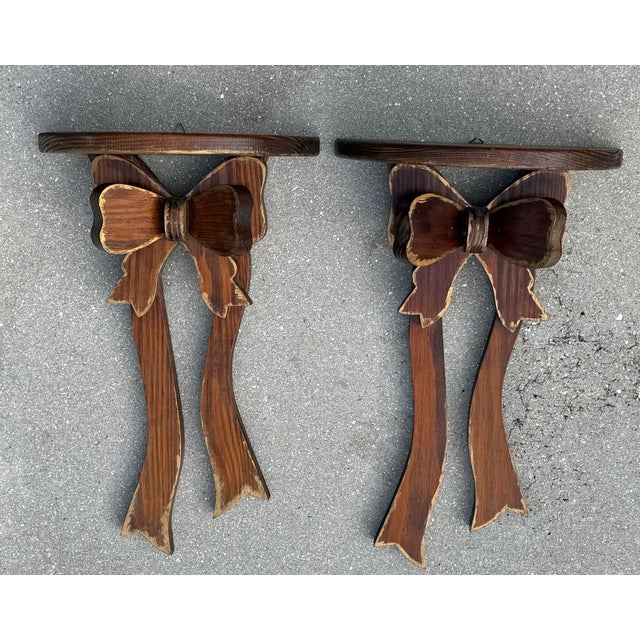 Vintage Folk Art Hand-Carved Bow Wall Shelves, a Pair For Sale - Image 4 of 9