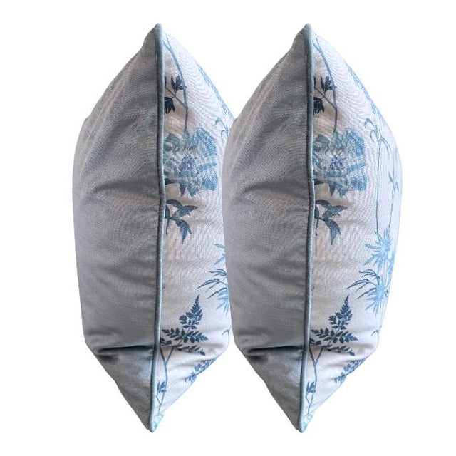 English Set of 22'' Whimsy Blue Floral With Velvet Pillows For Sale - Image 3 of 5