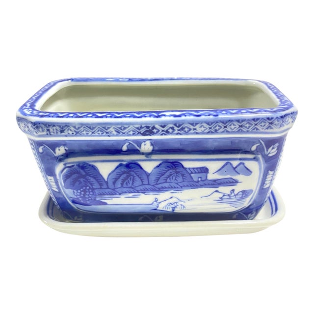 Blue & White Chinoiserie Planter With Tray – Rectangular Porcelain Cachepot, Orchid Planter For Sale