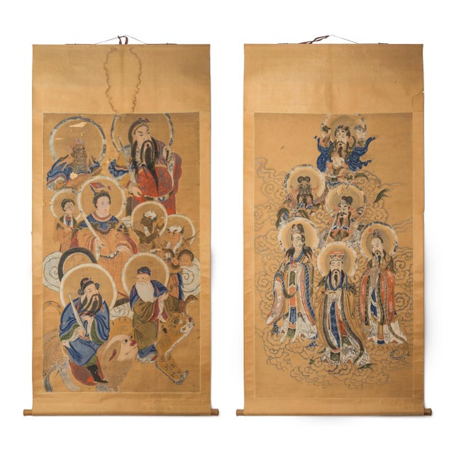 16th Century Large 72" Ming Dynasty Scrolls of Gods - Pair | Gilt & Ink on Paper | 16th C. - A Pair For Sale - Image 5 of 5
