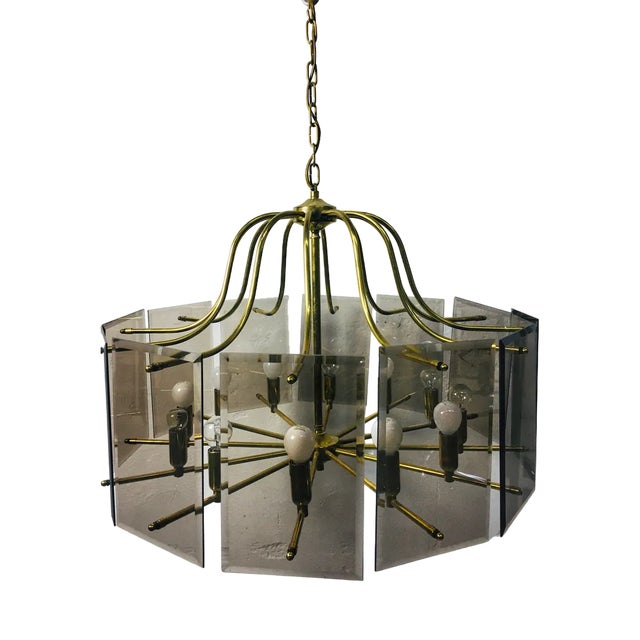 Vintage Copper Chandelier with Smoke Colored Glass Panels, 1970s For Sale