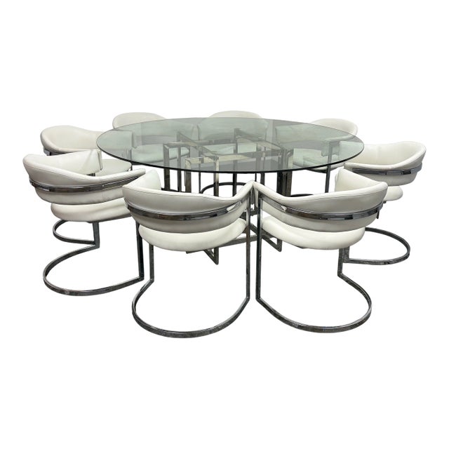 Contemporary Glass Dining Table + Eight White Leatherette Dining Chairs, Set of Nine For Sale
