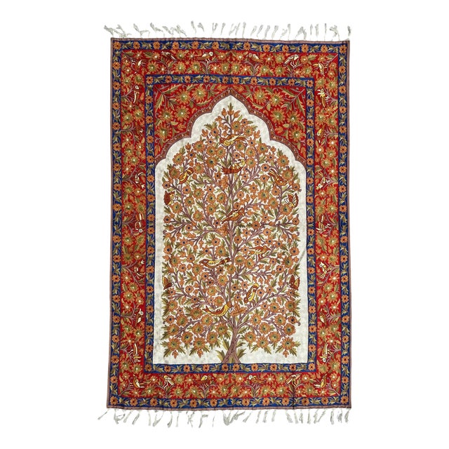 Vintage Indian Silk Embroidered Tapestry or Rug, 1990s For Sale
