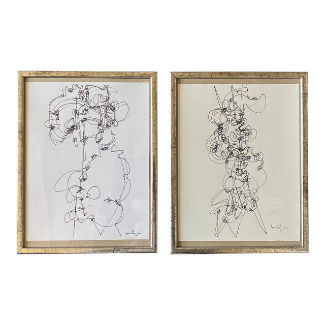 Contemporary Two Wayne Cunningham Abstract Pen and Ink Drawings- Set of 2 For Sale