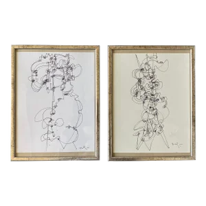 Contemporary Two Wayne Cunningham Abstract Pen and Ink Drawings- Set of 2