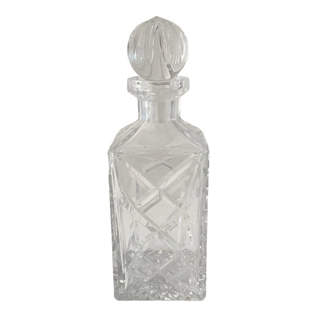 Vintage 1980s Cut Crystal Celtic Cross Hatch Square Decanter With Ball Stopper For Sale