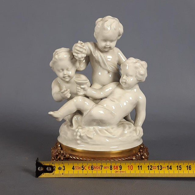 Vintage Porcelain Statue of Three Putti Bacchus on a Brass Base from Capodimonte, 1960s For Sale - Image 10 of 12