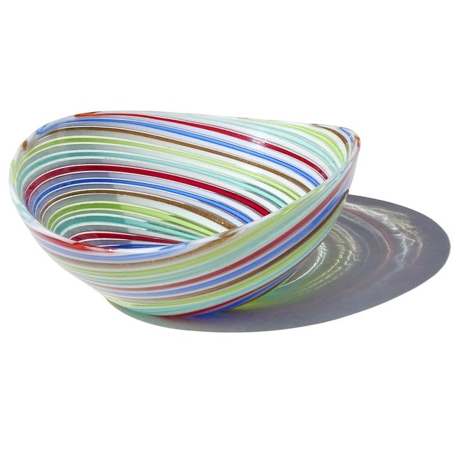Abstract Vintage Murano Dino Martens Red Blue White Copper Aventurine Swirl Italian Art Glass Ribbons Dish Bowl For Sale - Image 3 of 11