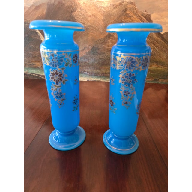 A very fine pair of Baccarat attributed turquoise crystal opaline vases . Having wide inverted art glass tops with...