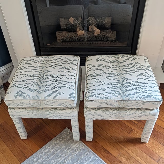 Cowtan & Tout Rajah Velvet Parsons Ottomans in Celadon - Pair For Sale - Image 4 of 13