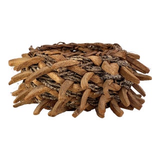 Vintage Hand Woven Round Basket Made From Coconut Leaves & Husk Shells For Sale