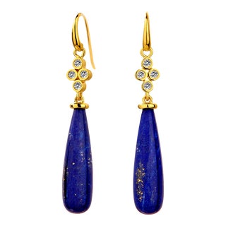 Syna Yellow Gold Lapis Lazuli Drop Earrings with Diamonds, a Pair For Sale