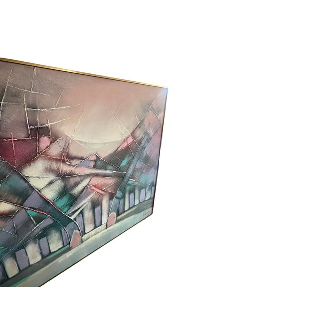 Pink Vintage Large Postmodern Abstract 1980s Memphis Lee Reynolds Wall Art Canvas Oil Painting Brass Frame 80s For Sale - Image 8 of 10