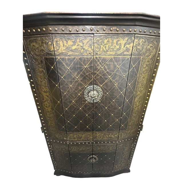 Metal 1990s Ornate Black & Gold Embossed Armoire Cabinet With Studded Details For Sale - Image 7 of 8