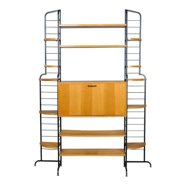 Mid Century Italian Free Standing Blond Wood and Black Metal Shelf Cabinet For Sale