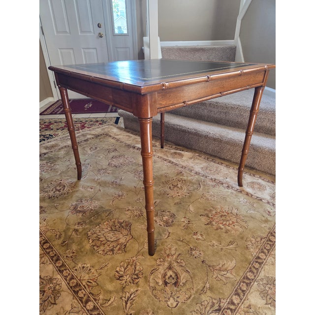 Drexel Vintage Drexel Faux Bamboo Chippendale Style Leather Top Game Table For Sale - Image 4 of 14
