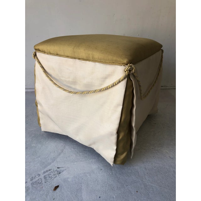 French Provençal style ottoman Satin material with braids. (c.1970’s) Very good, some staining.