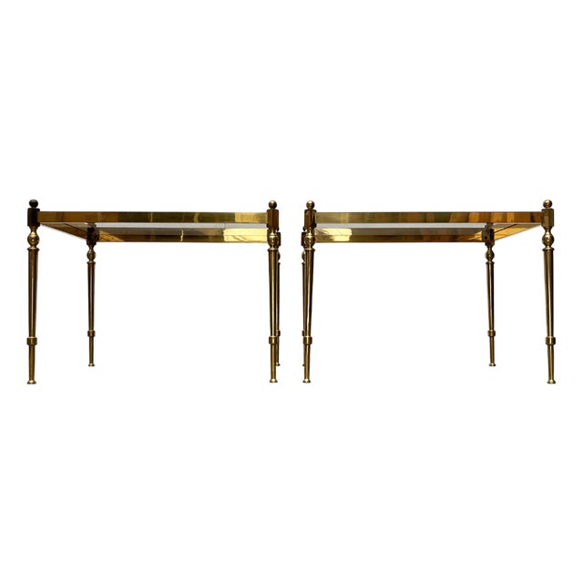 Mid-Century German Neoclassical Hollywood Regency Style Brass and Glass Side or Bedside Tables, 1950s, Set of 2 For Sale