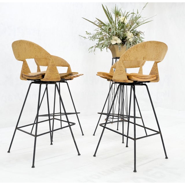 Arthur Umanoff Rush Seat Wire Bases Bar Stools circa 1970s - Set of 4 For Sale - Image 11 of 12