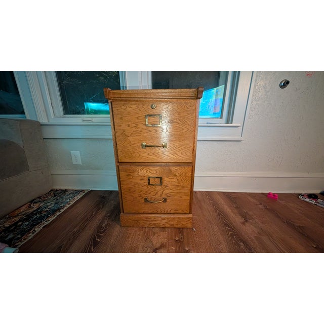 Vintage Two Drawer Oak Filing Cabinet With Keys For Sale - Image 4 of 4