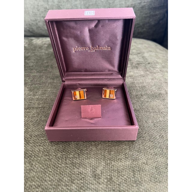 Vintage Balmain "Circa 1980s" Tiger Eye Cufflinks Original Purple Satin Case For Sale - Image 18 of 18