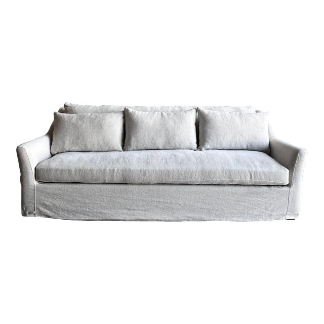 Slipcovered Slope Arm Sofa in Stone Washed Greige Linen With Down Cushions For Sale